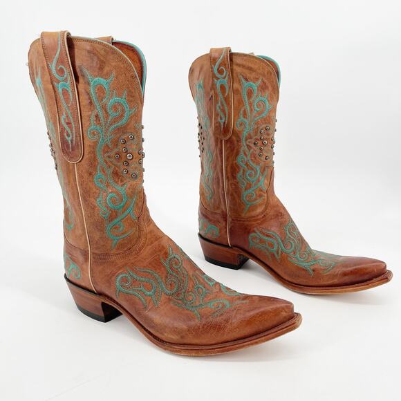 Lucchese Shoes - Lucchese Women’s 11 Cognac Leather Teal Stitch Studded Pointed Toe Cowgirl Boots